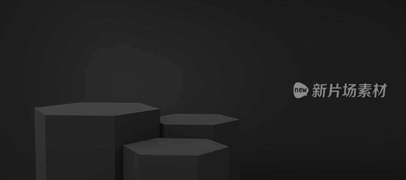 空的黑色六边形讲台漂浮在黑色的复制空间背景上。抽象的最小工作室三维几何形状的对象。单调的基座模型空间，用于展示产品设计。3 d渲染。